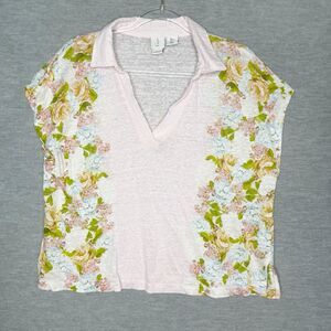 Joie Women's Size Large 100% Linen Top Tee Shirt Pastel‎ Pink Floral Knit Boxy